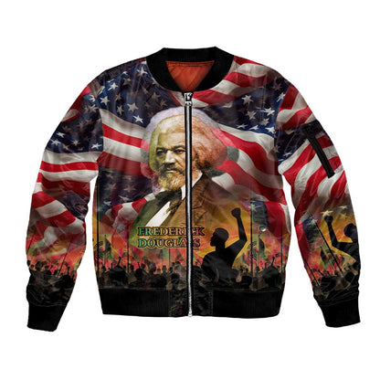 Frederick Douglass Sleeve Zip Bomber Jacket American Flag Background Powerful Quote Build Strong Children Civil Rights Tribute - African Pride