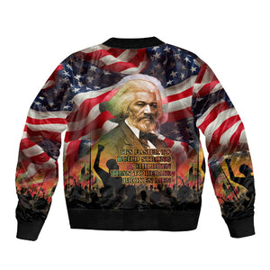 Frederick Douglass Sleeve Zip Bomber Jacket American Flag Background Powerful Quote Build Strong Children Civil Rights Tribute - African Pride