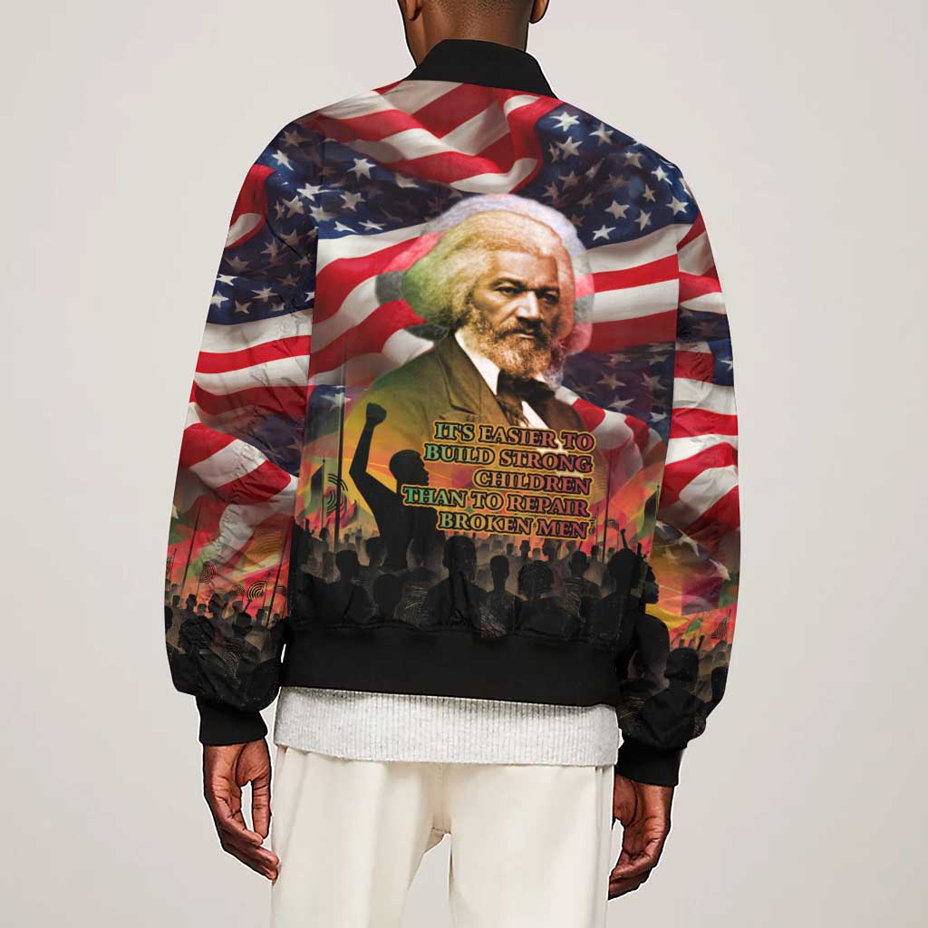 Frederick Douglass Sleeve Zip Bomber Jacket American Flag Background Powerful Quote Build Strong Children Civil Rights Tribute - African Pride