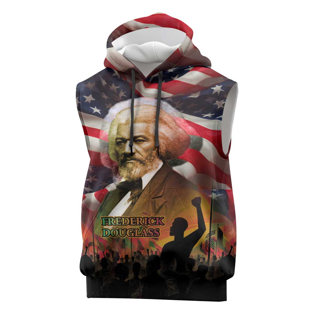 Frederick Douglass Sleeveless Hoodie American Flag Background Powerful Quote Build Strong Children Civil Rights Tribute - African Pride