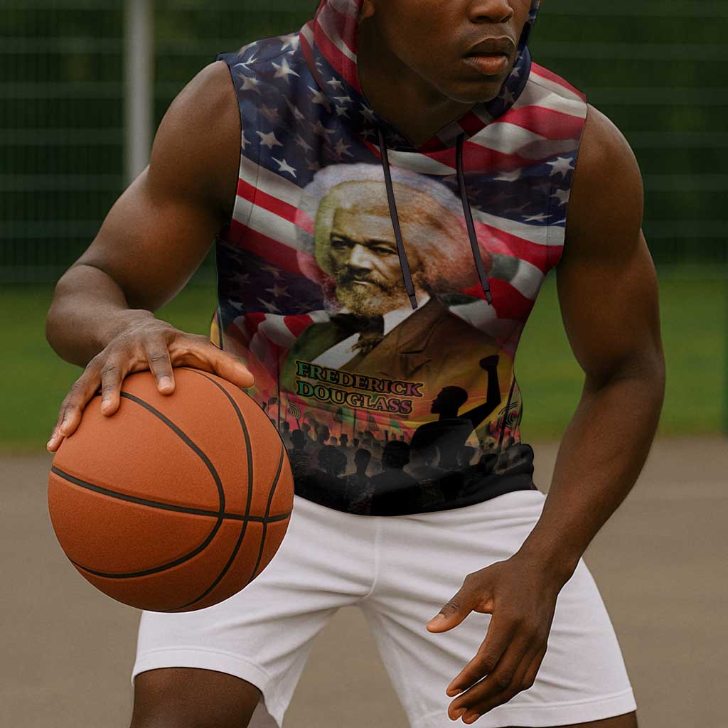 Frederick Douglass Sleeveless Hoodie American Flag Background Powerful Quote Build Strong Children Civil Rights Tribute - African Pride