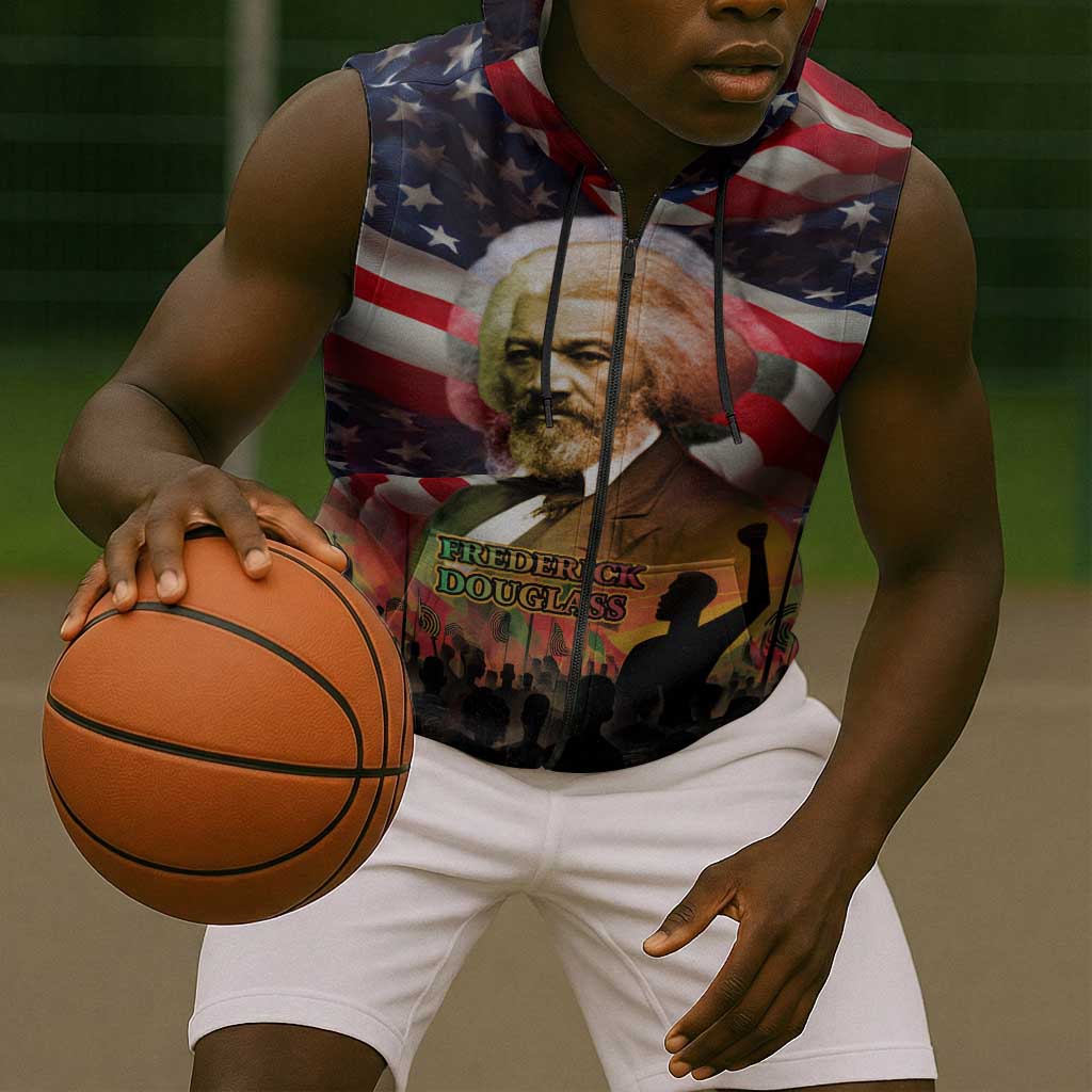 Frederick Douglass Sleeveless Zip Hoodie American Flag Background Powerful Quote Build Strong Children Civil Rights Tribute - African Pride