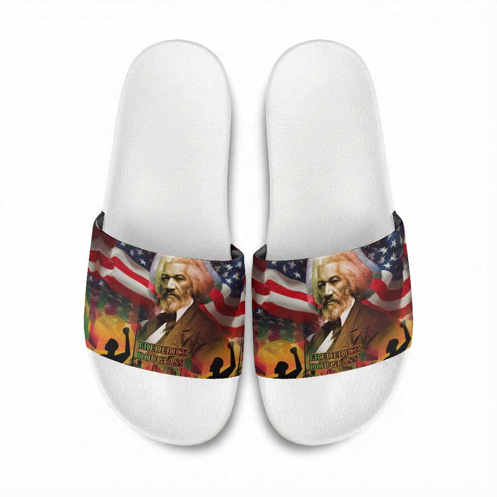 Frederick Douglass Slide Sandals American Flag Background Powerful Quote Build Strong Children Civil Rights Tribute - African Pride