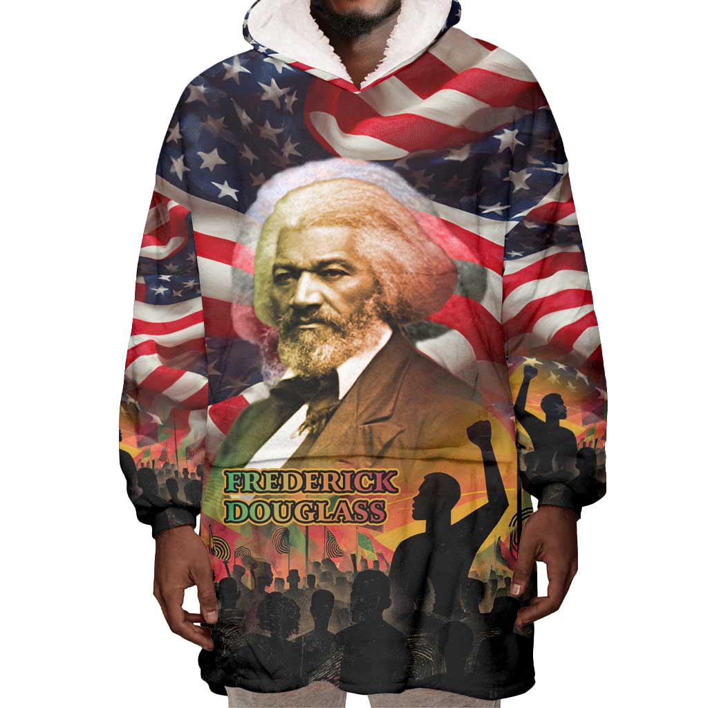 Frederick Douglass Wearable Blanket Hoodie American Flag Background Powerful Quote Build Strong Children Civil Rights Tribute - African Pride