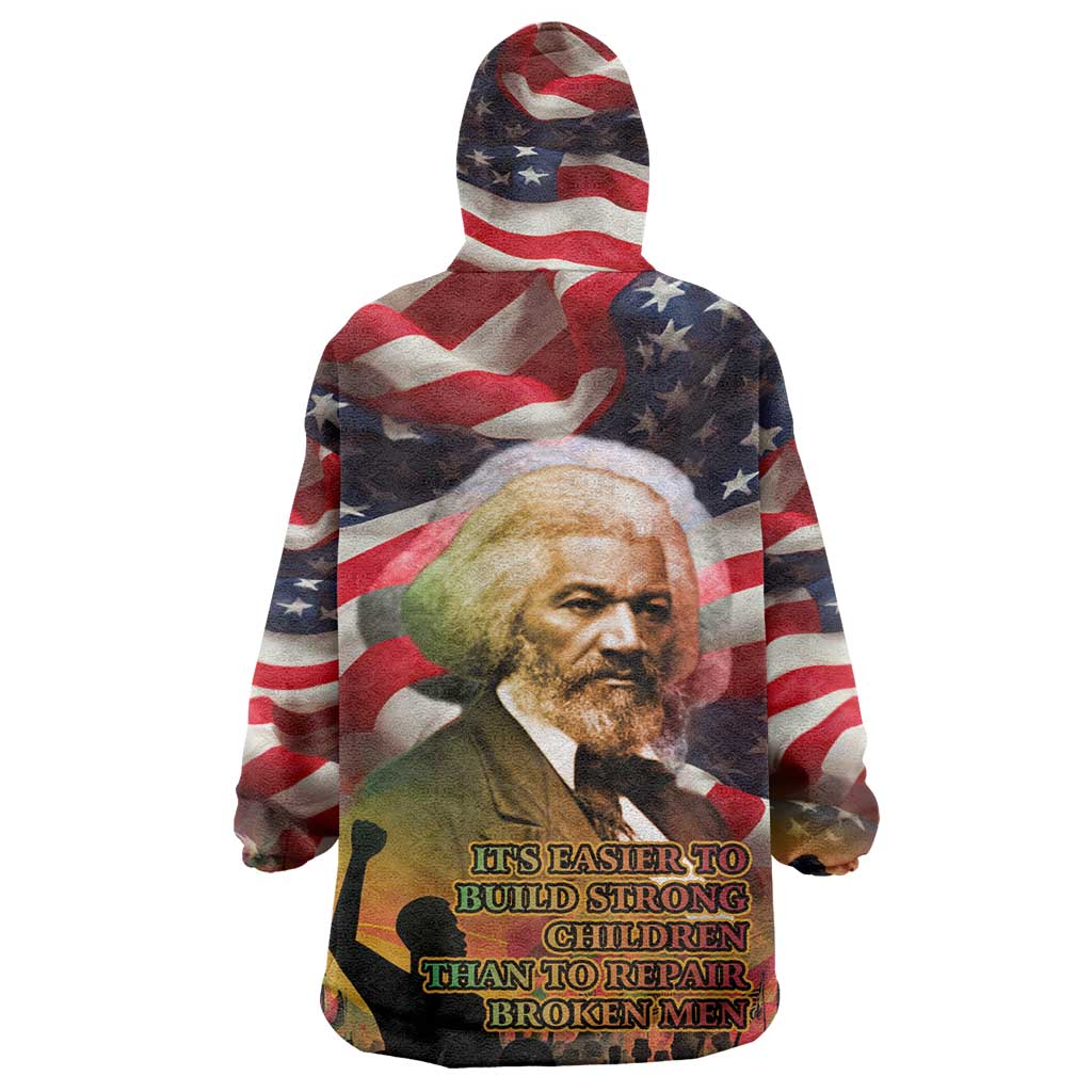 Frederick Douglass Wearable Blanket Hoodie American Flag Background Powerful Quote Build Strong Children Civil Rights Tribute - African Pride