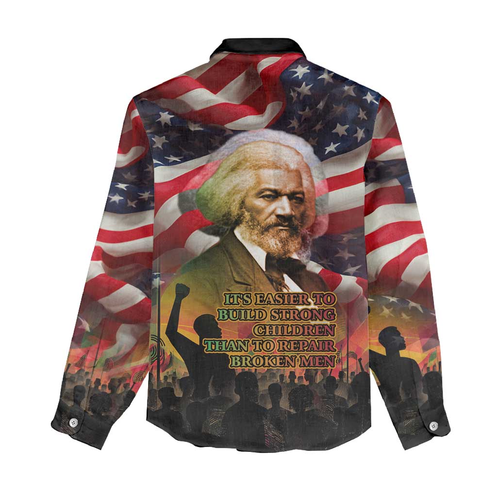 Frederick Douglass Women Casual Shirt American Flag Background Powerful Quote Build Strong Children Civil Rights Tribute - African Pride