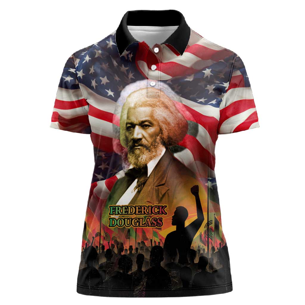 Frederick Douglass Women Polo Shirt American Flag Background Powerful Quote Build Strong Children Civil Rights Tribute TS04
