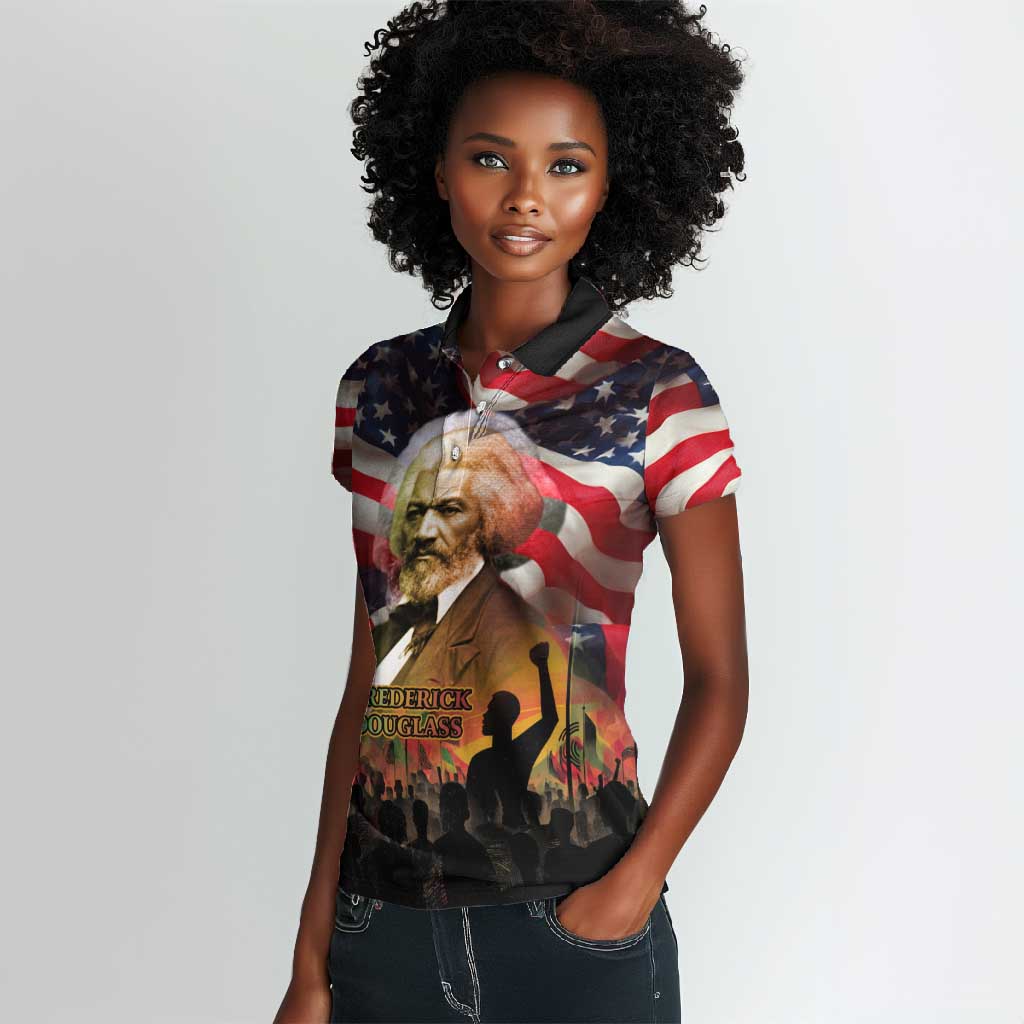 Frederick Douglass Women Polo Shirt American Flag Background Powerful Quote Build Strong Children Civil Rights Tribute TS04