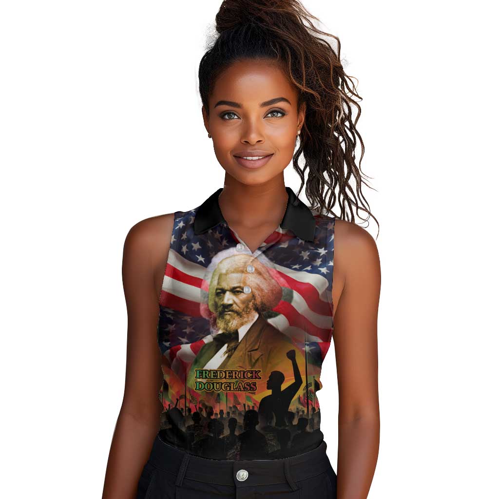 Frederick Douglass Women Sleeveless Polo Shirt American Flag Background Powerful Quote Build Strong Children Civil Rights Tribute - African Pride