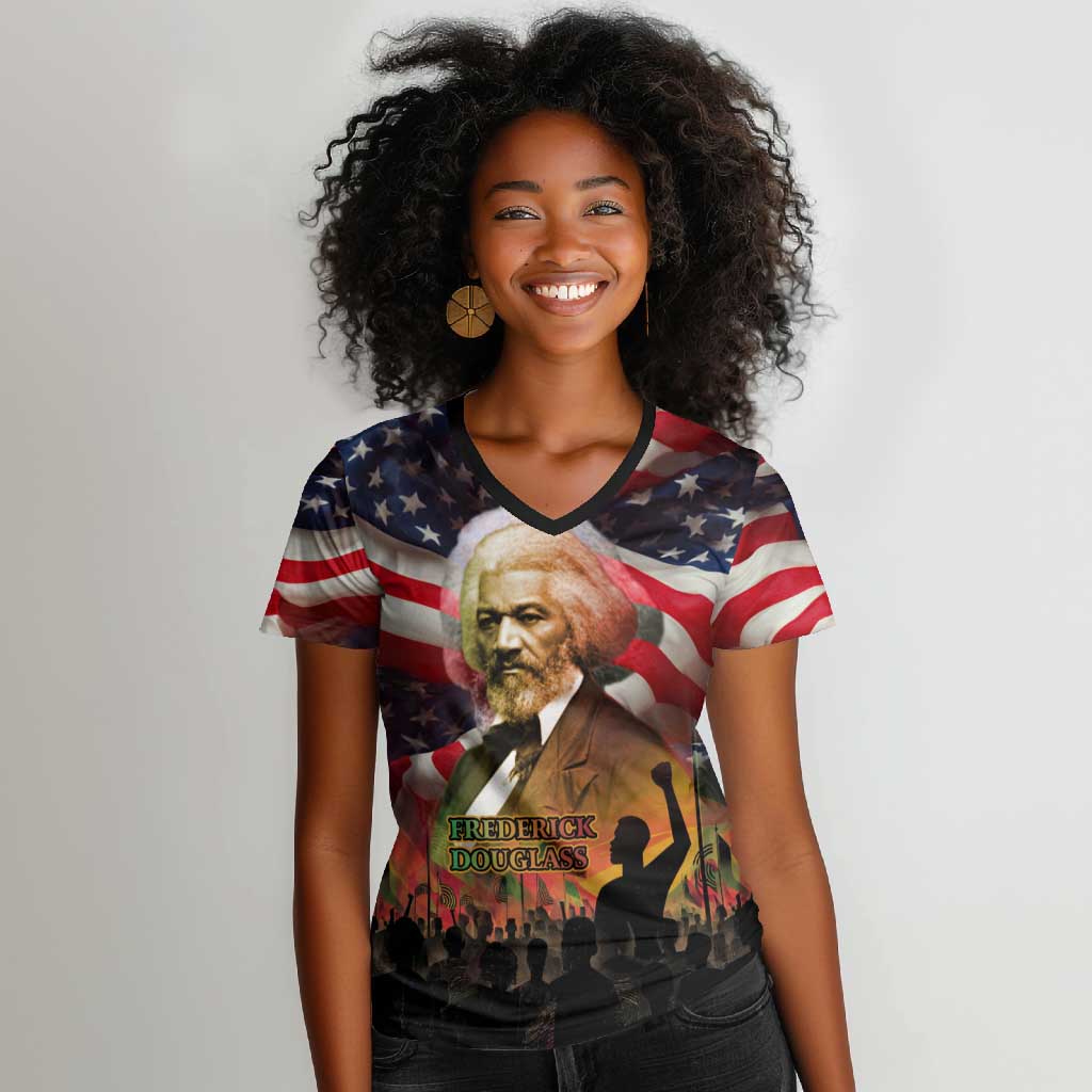 Frederick Douglass Women V-Neck T-Shirt American Flag Background Powerful Quote Build Strong Children Civil Rights Tribute TS04
