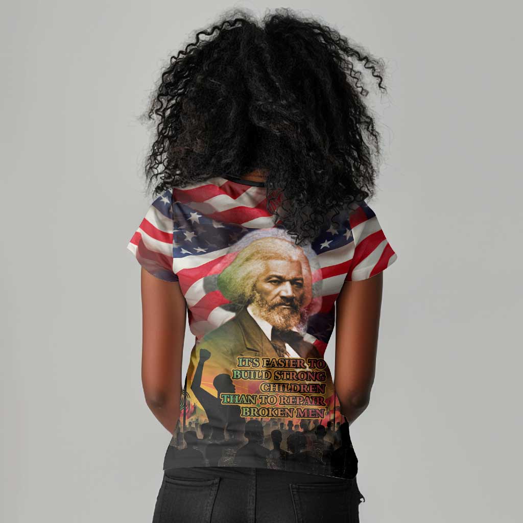 Frederick Douglass Women V-Neck T-Shirt American Flag Background Powerful Quote Build Strong Children Civil Rights Tribute TS04