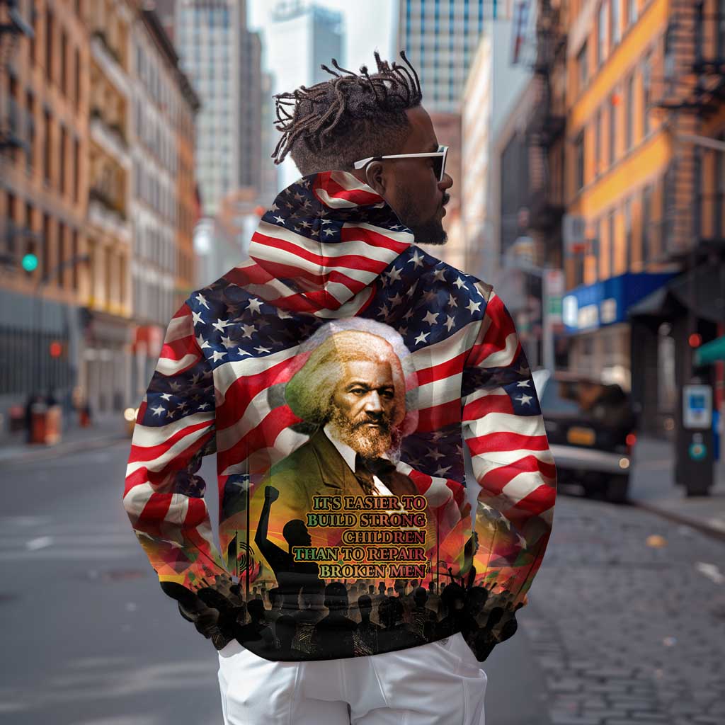Frederick Douglass Zip Hoodie American Flag Background Powerful Quote Build Strong Children Civil Rights Tribute - African Pride