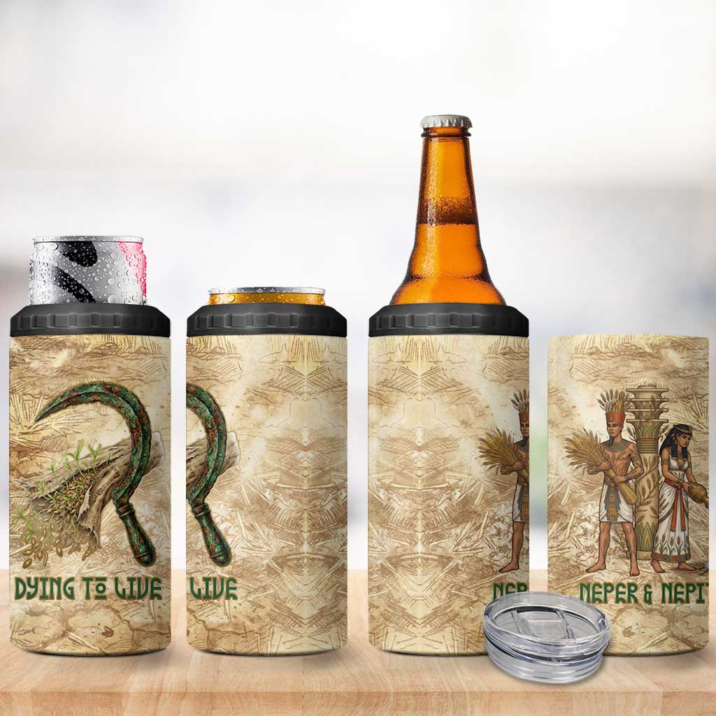 Neper and Nepit 4 in 1 Can Cooler Tumbler Ancient Harvest and Fertility Design with Sickle and Grain
