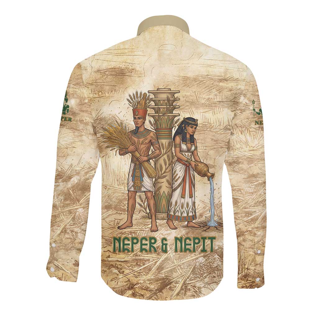 Neper and Nepit Long Sleeve Button Shirt Ancient Harvest and Fertility Design with Sickle and Grain