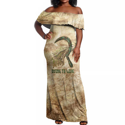 Neper and Nepit Off Shoulder Maxi Dress Ancient Harvest and Fertility Design with Sickle and Grain