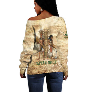Neper and Nepit Off Shoulder Sweater Ancient Harvest and Fertility Design with Sickle and Grain