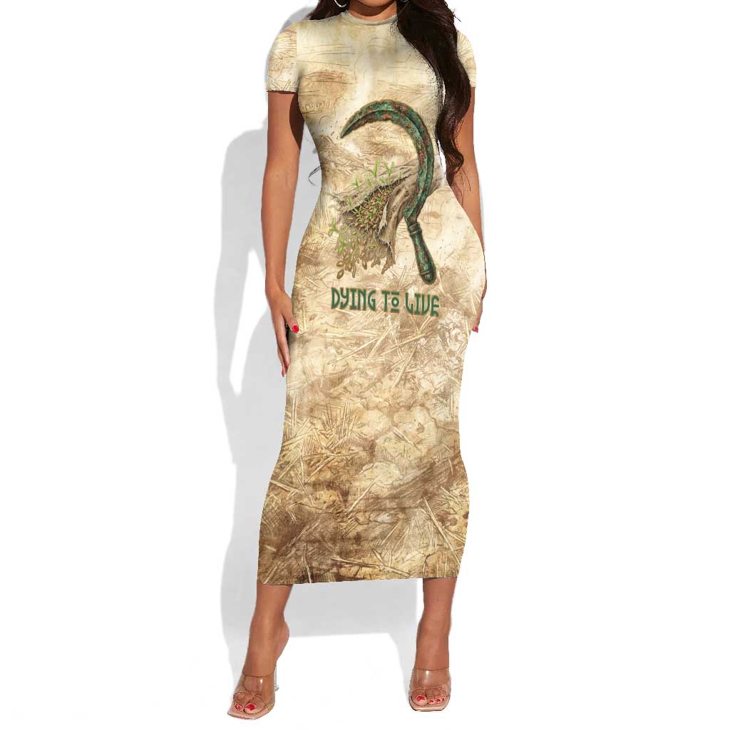 Neper and Nepit Short Sleeve Bodycon Dress Ancient Harvest and Fertility Design with Sickle and Grain