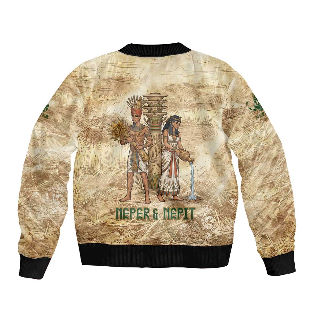 Neper and Nepit Sleeve Zip Bomber Jacket Ancient Harvest and Fertility Design with Sickle and Grain