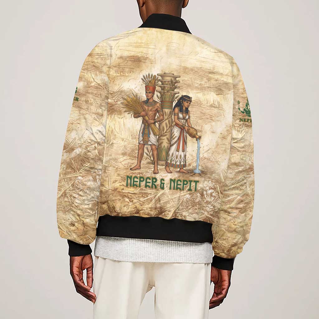 Neper and Nepit Sleeve Zip Bomber Jacket Ancient Harvest and Fertility Design with Sickle and Grain