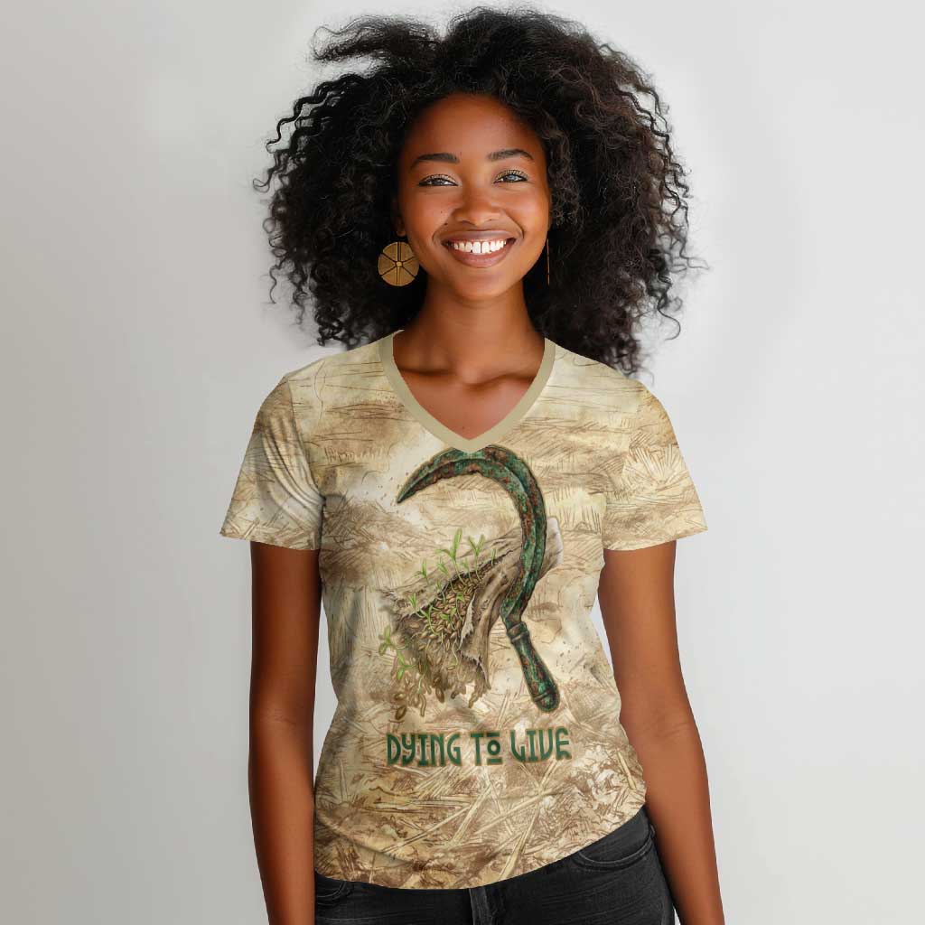 Neper and Nepit Women V-Neck T-Shirt Ancient Harvest and Fertility Design with Sickle and Grain