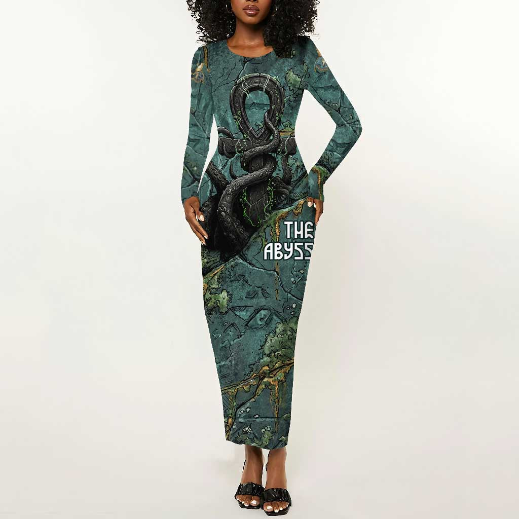 Nun and Naunet Egyptian Long Sleeve Bodycon Dress Serpent Abyss Design Primordial Gods of Ancient Waters