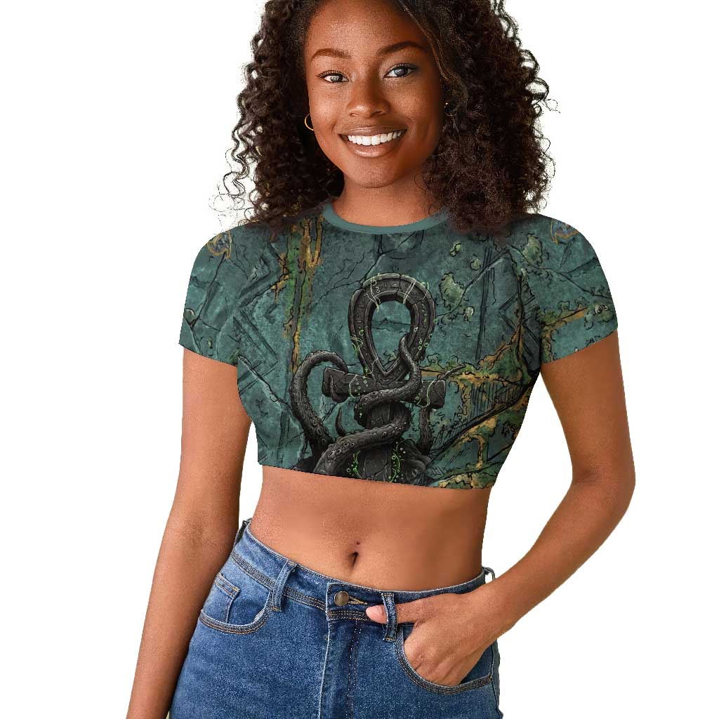 Nun and Naunet Egyptian Raglan Cropped T shirt Serpent Abyss Design Primordial Gods of Ancient Waters