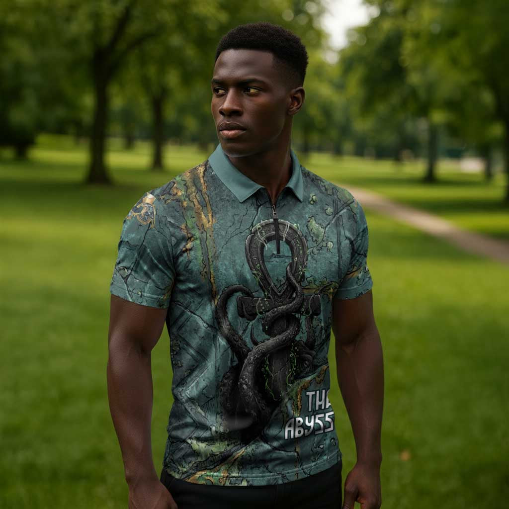 Nun and Naunet Egyptian Zipper Polo Shirt Serpent Abyss Design Primordial Gods of Ancient Waters