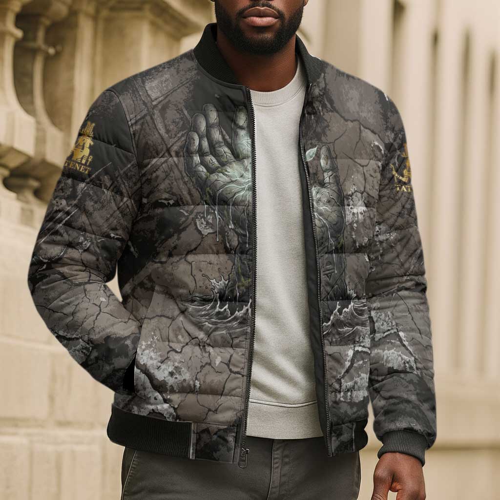 Tatenen Bomber Puffer Jacket Rising Hand Design Egyptian God of Creation and Earth Emergence