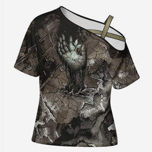 Tatenen Cross Shoulder Shirt Rising Hand Design Egyptian God of Creation and Earth Emergence