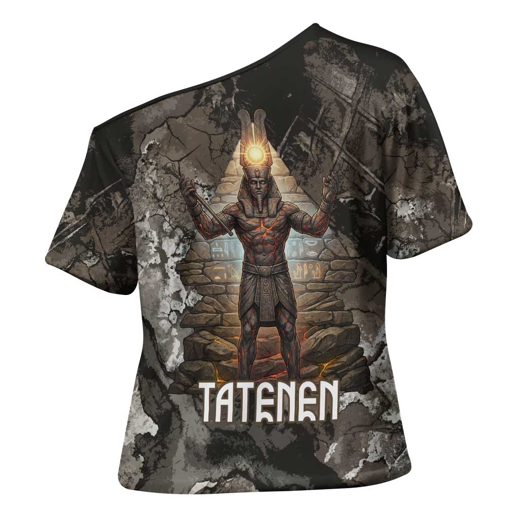 Tatenen Cross Shoulder Shirt Rising Hand Design Egyptian God of Creation and Earth Emergence