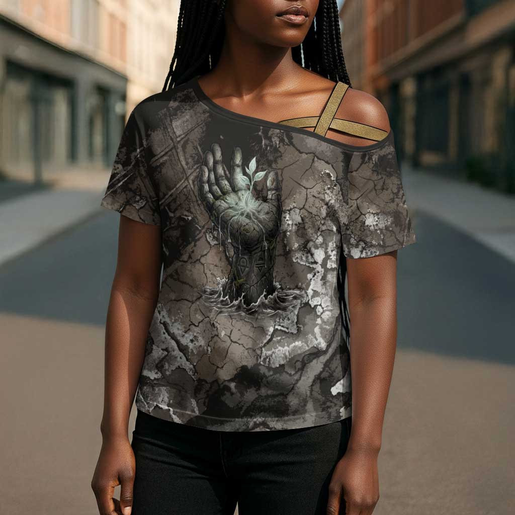 Tatenen Cross Shoulder Shirt Rising Hand Design Egyptian God of Creation and Earth Emergence