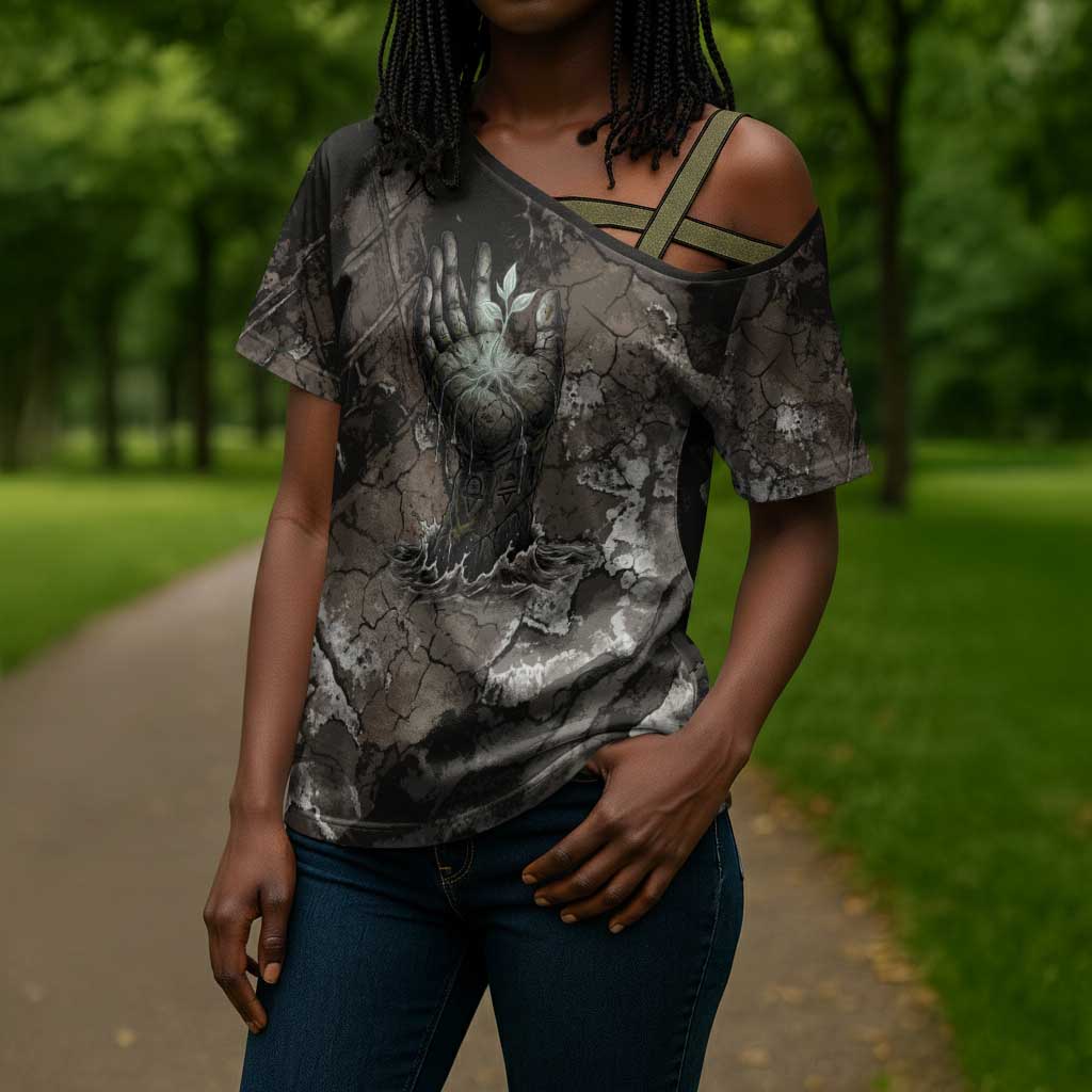 Tatenen Cross Shoulder Shirt Rising Hand Design Egyptian God of Creation and Earth Emergence