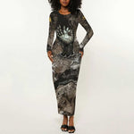 Tatenen Long Sleeve Bodycon Dress Rising Hand Design Egyptian God of Creation and Earth Emergence