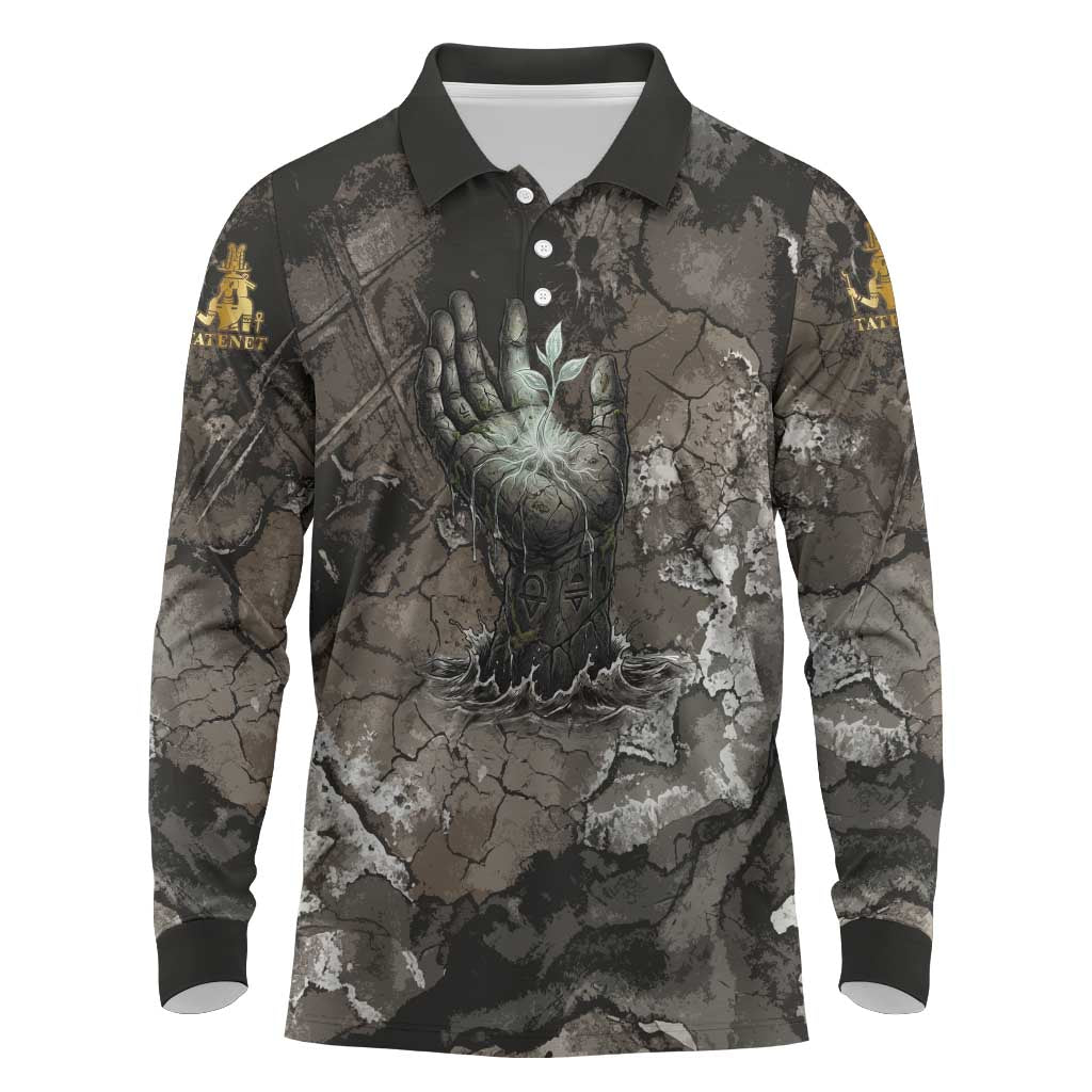 Tatenen Long Sleeve Polo Shirt Rising Hand Design Egyptian God of Creation and Earth Emergence
