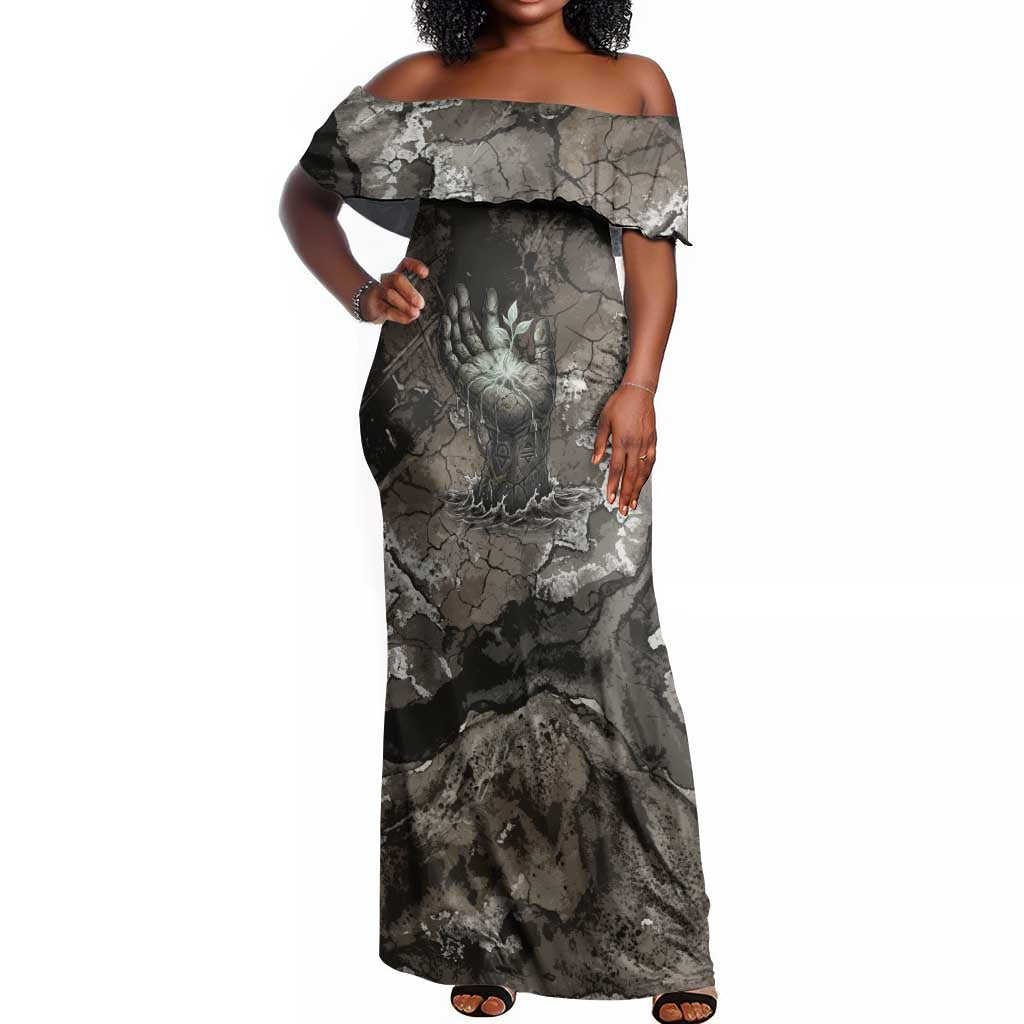 Tatenen Off Shoulder Maxi Dress Rising Hand Design Egyptian God of Creation and Earth Emergence