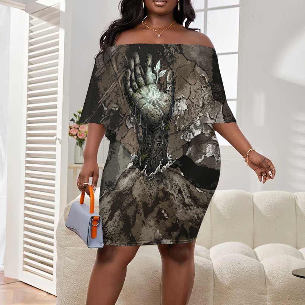 Tatenen Off Shoulder Short Dress Rising Hand Design Egyptian God of Creation and Earth Emergence