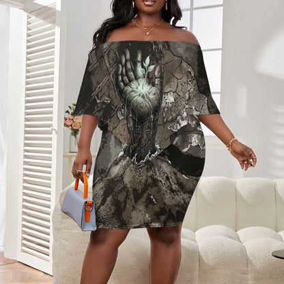 Tatenen Off Shoulder Short Dress Rising Hand Design Egyptian God of Creation and Earth Emergence