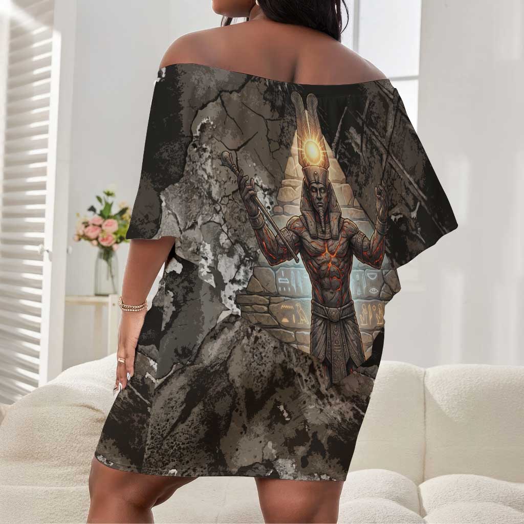 Tatenen Off Shoulder Short Dress Rising Hand Design Egyptian God of Creation and Earth Emergence