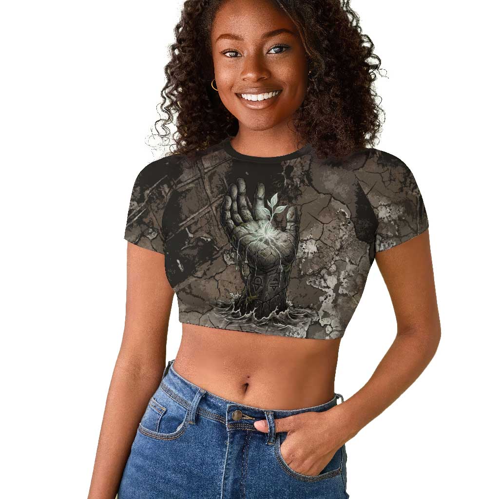 Tatenen Raglan Cropped T shirt Rising Hand Design Egyptian God of Creation and Earth Emergence