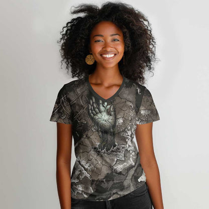Tatenen Women V-Neck T-Shirt Rising Hand Design Egyptian God of Creation and Earth Emergence