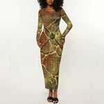Tatenen Ancient Egyptian Long Sleeve Bodycon Dress Father of the Gods Design with Minerals