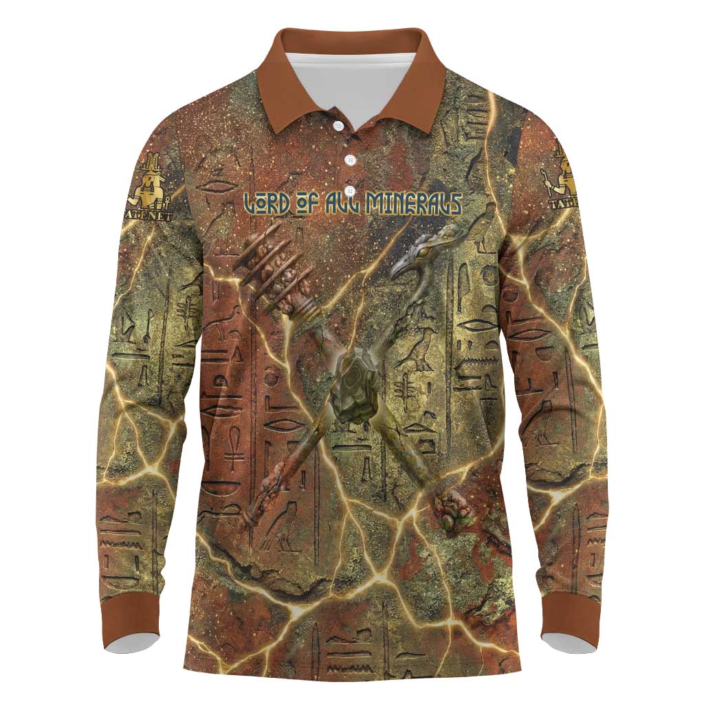 Tatenen Ancient Egyptian Long Sleeve Polo Shirt Father of the Gods Design with Minerals
