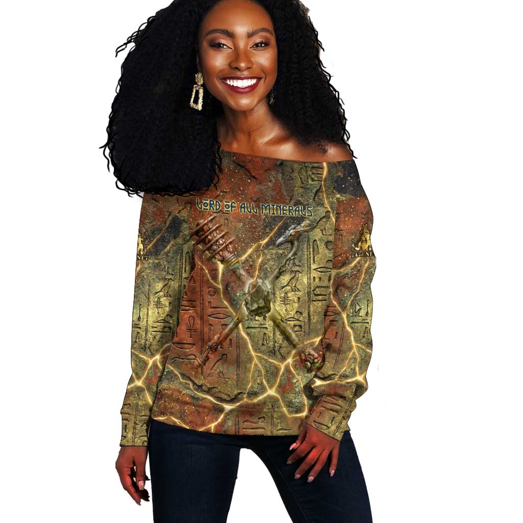 Tatenen Ancient Egyptian Off Shoulder Sweater Father of the Gods Design with Minerals