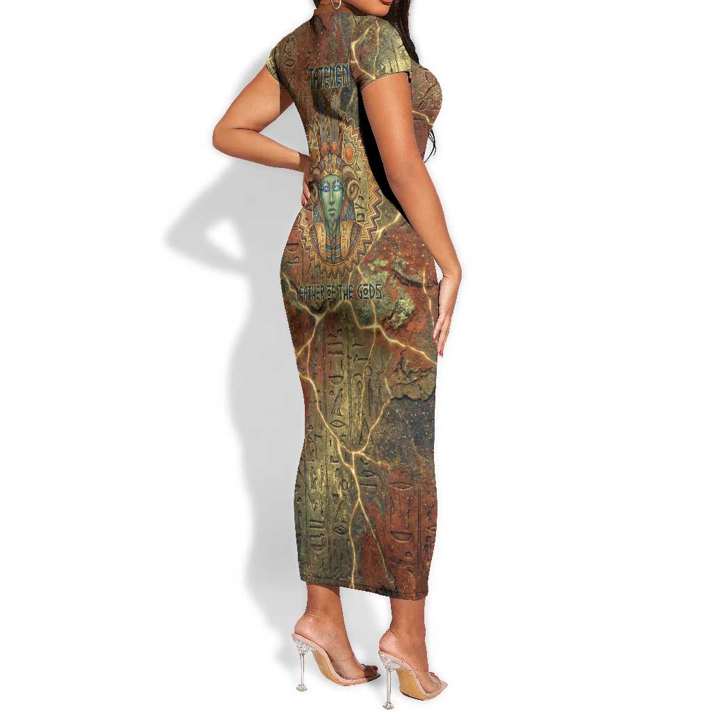 Tatenen Ancient Egyptian Short Sleeve Bodycon Dress Father of the Gods Design with Minerals