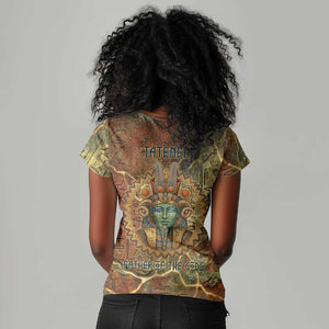 Tatenen Ancient Egyptian Women V-Neck T-Shirt Father of the Gods Design with Minerals