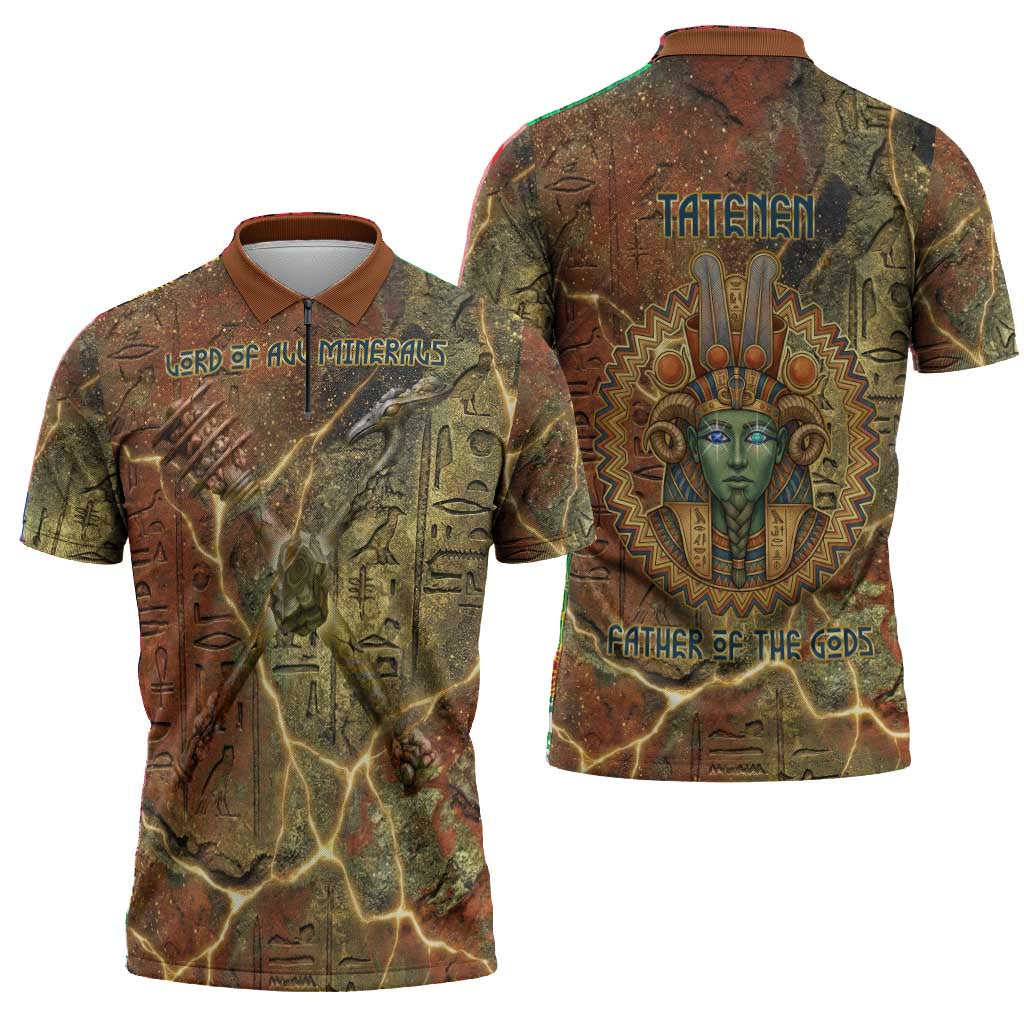Tatenen Ancient Egyptian Zipper Polo Shirt Father of the Gods Design with Minerals