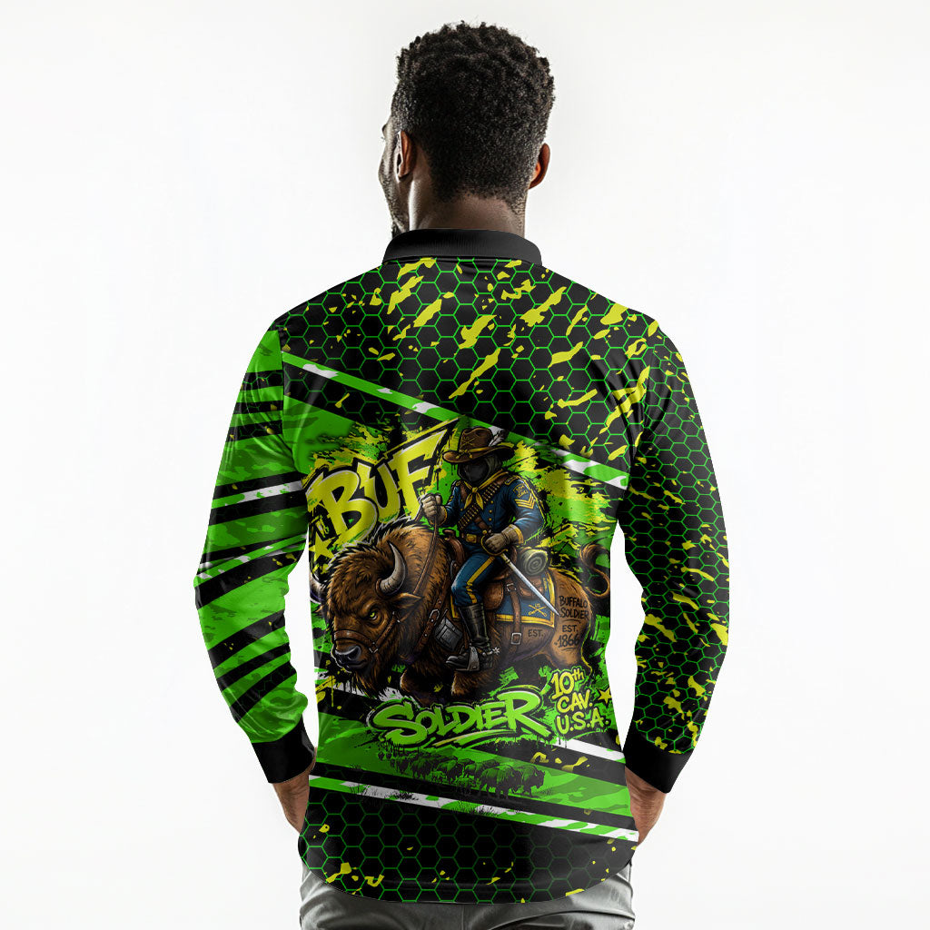 Buffalo Soldiers 10th Cavalry Regiment Long Sleeve Polo Shirt Graffiti Urban Streetwear Style Graphic Art