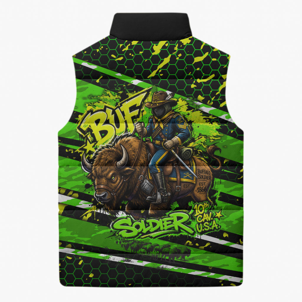 Buffalo Soldiers 10th Cavalry Regiment Sleeveless Puffer Jacket Graffiti Urban Streetwear Style Graphic Art