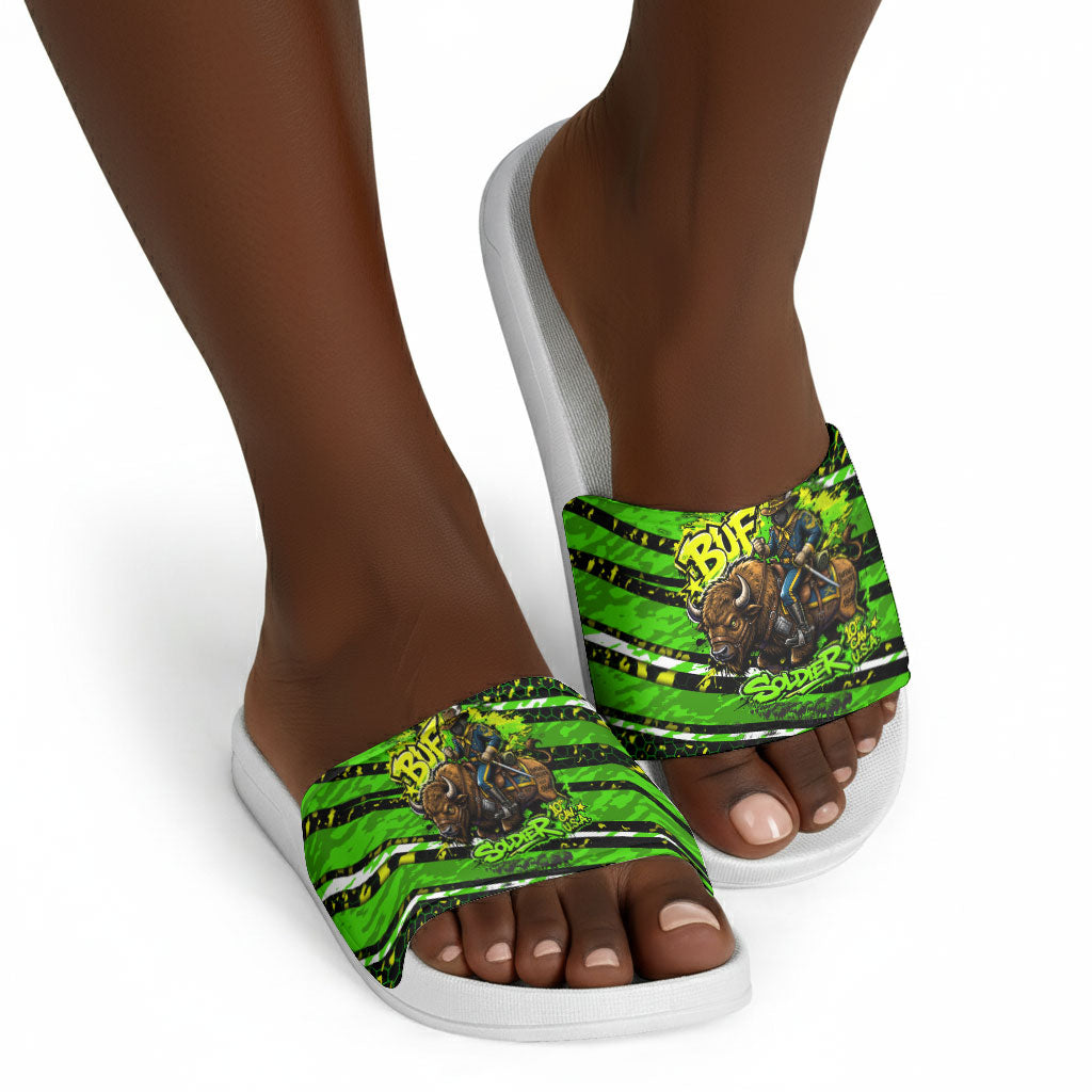 Buffalo Soldiers 10th Cavalry Regiment Slide Sandals Graffiti Urban Streetwear Style Graphic Art