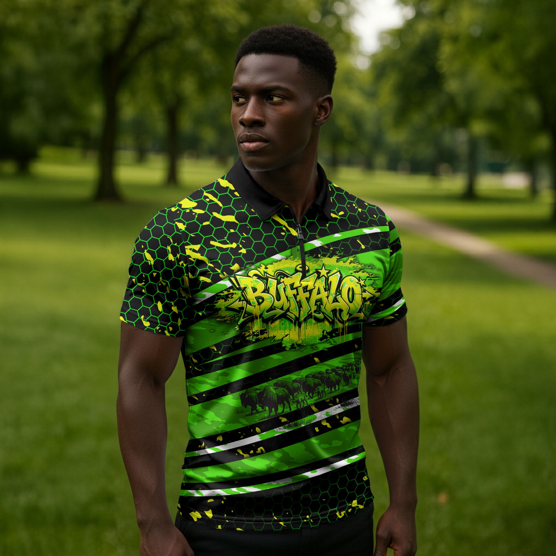 Buffalo Soldiers 10th Cavalry Regiment Zipper Polo Shirt Graffiti Urban Streetwear Style Graphic Art